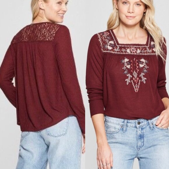 KNOX ROSE Boho Floral Embroidered Ribbed Blouse Burgundy Maroon Red Long Sleeve - Picture 1 of 16